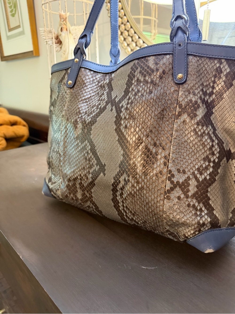 Gucci Brown Snake-Print Tote with Navy Trim